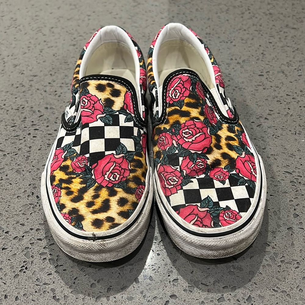 Checkered, Rose, Cheetah print slip on Vans